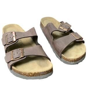 Odoly Mens Size 6.5 Womens 8.5 Brown Faux Leather Slide On Cork Sandal Shoes